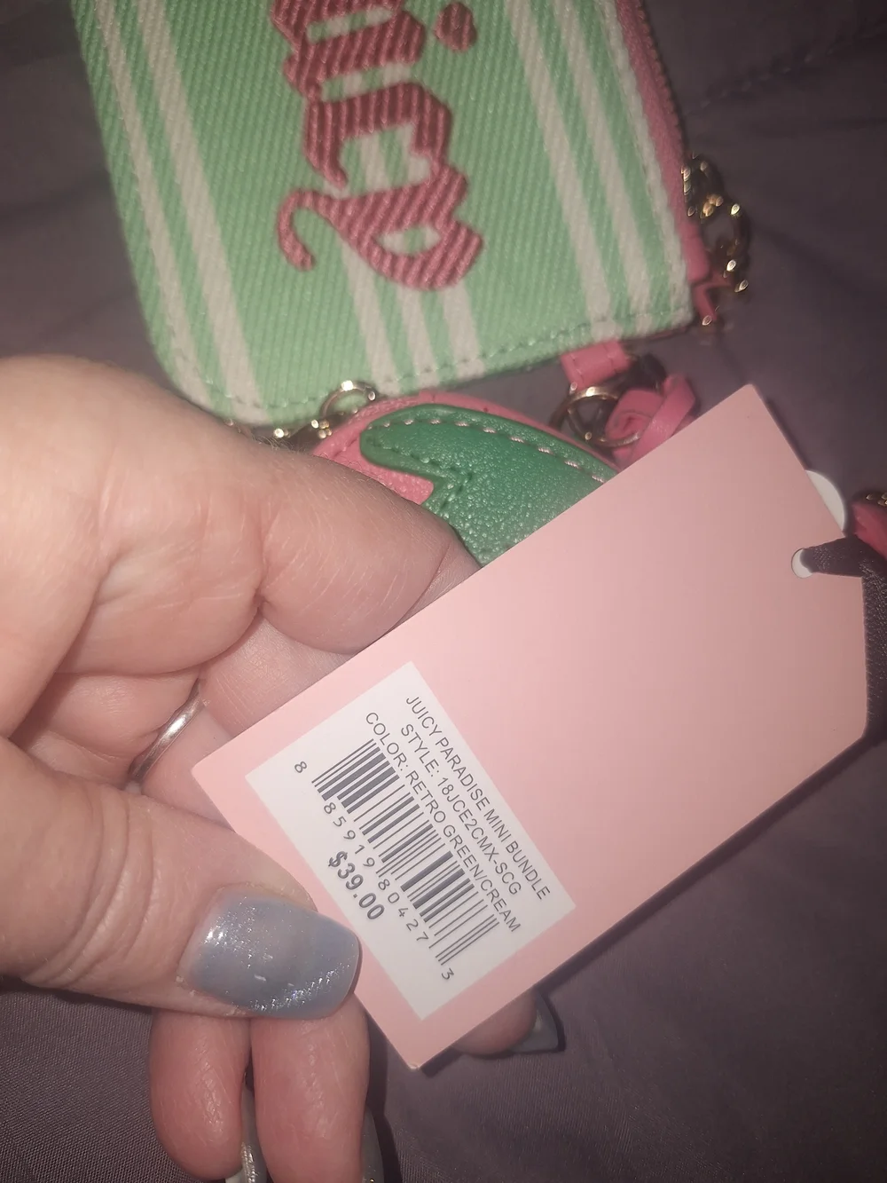 Juicy Couture Mint & Pink Stripe Card Holder with Strawberry Coin Pouch